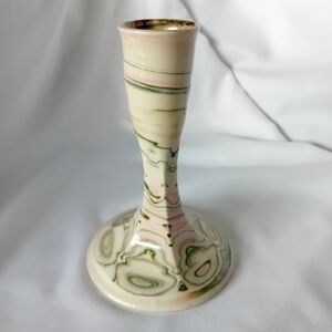 Elegant Handmade Pink and Green Ceramic Candle Holder Artist Signed